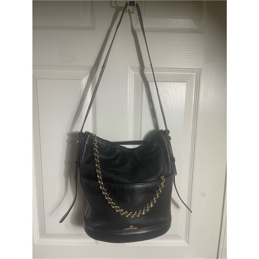 Michael KorsโBlack Leather Bucket style Shoulder Bag with Gold Chain Detail